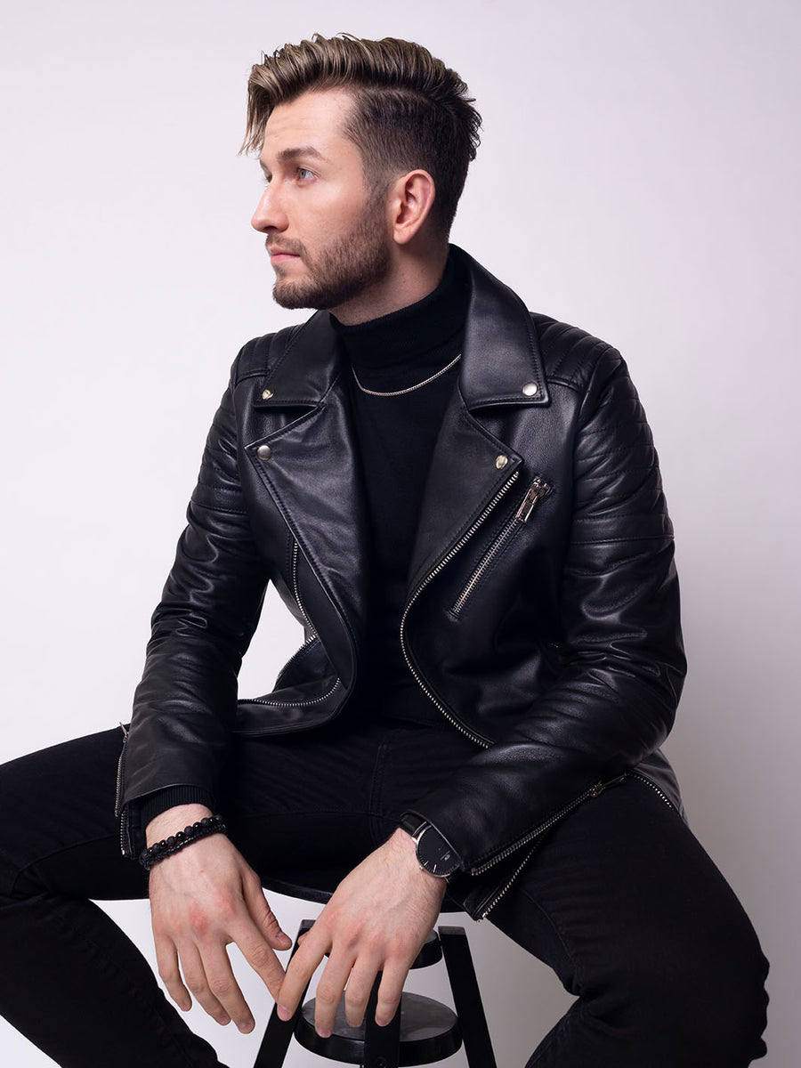 Black classic men's leather biker jacket ZAC