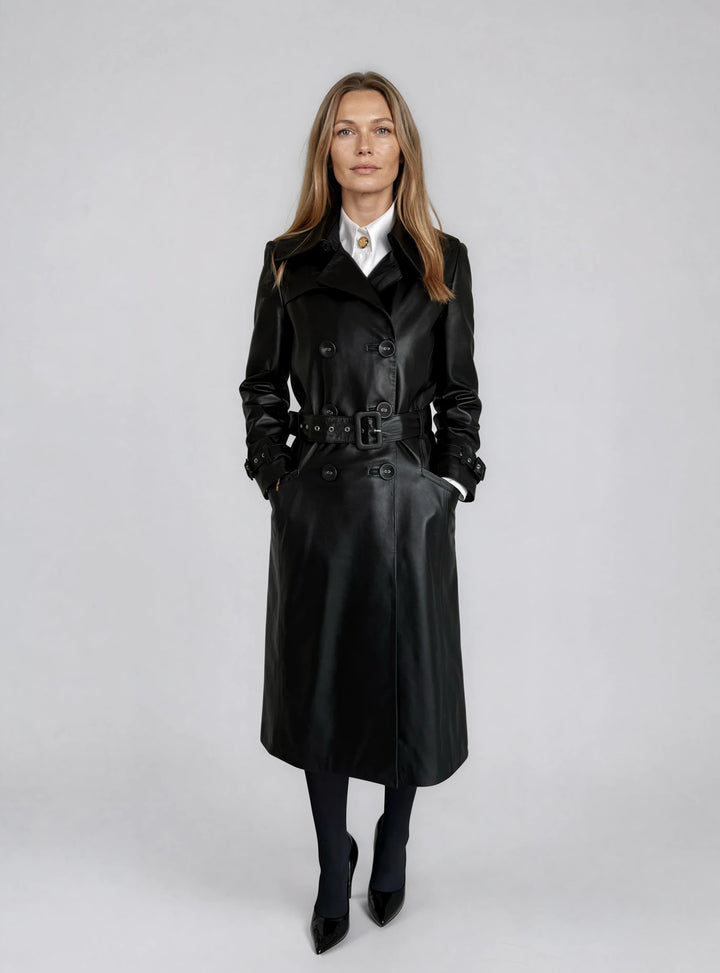 f*0様 HARAJUKU MOTHER LEATHER TRENCH COAT Long Black Leather Trench Coat MATRIX | Cyberpunk Style | Made in EU