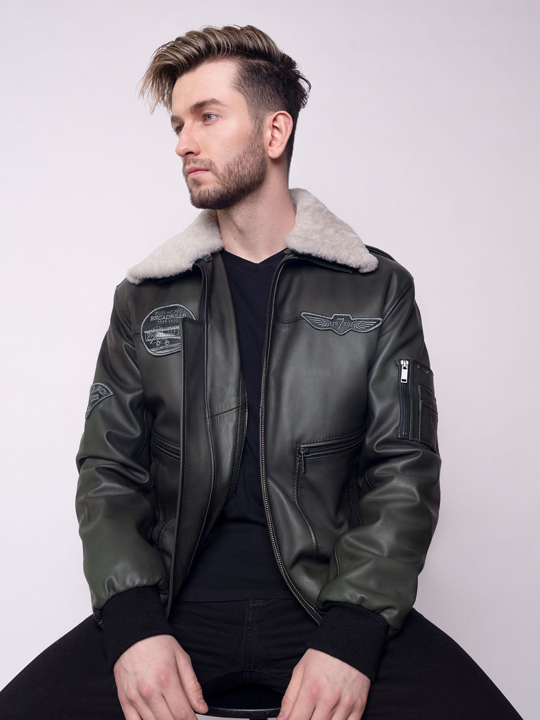 Men's B6 Aviator Black Genuine Sheepskin Faux Fur Lined