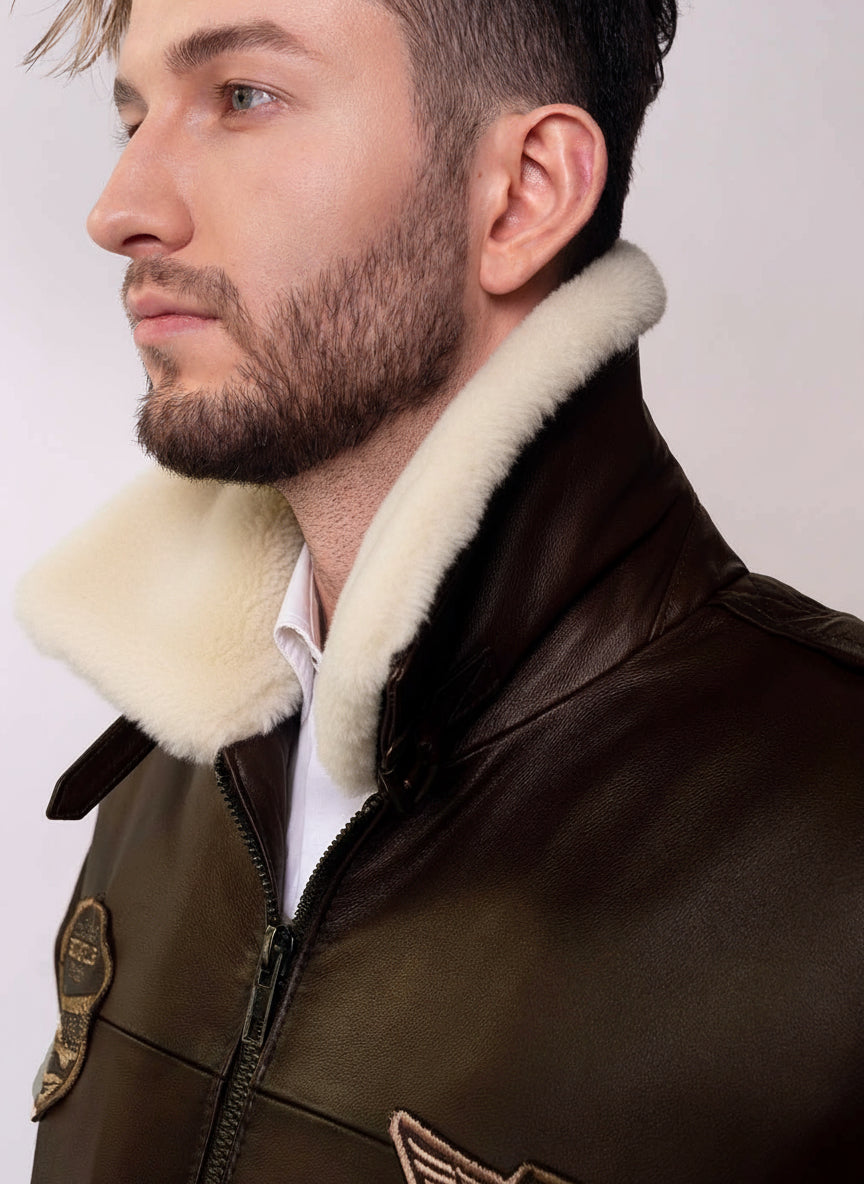 Brązowa kurtka pilotka skórzana ocieplana TOM BROWN