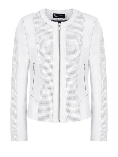 Damska kurtka skórzana marki LA FENICE, kolor biały, półokrągły dekolt typu chanel. Widoczna skóra perforowana.