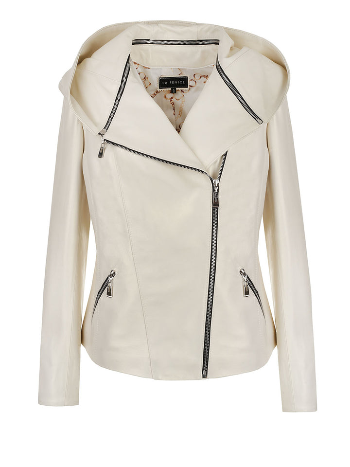 Pearl ecru leather jacket SAMANTHA with a removable hood