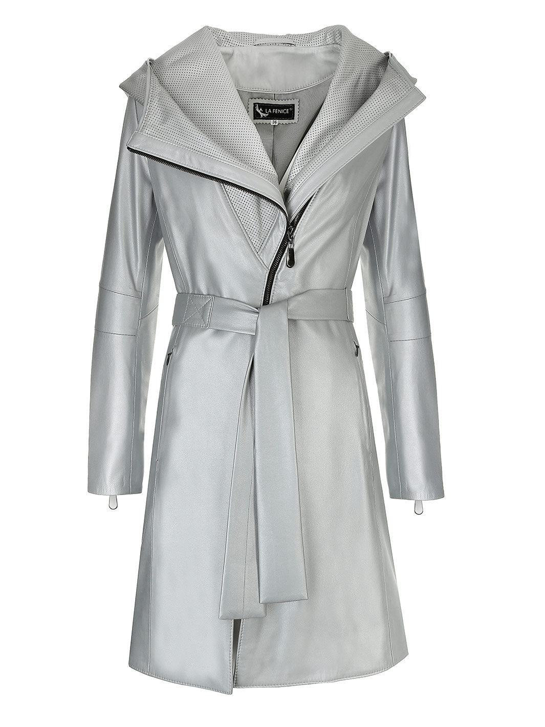 Silver women's leather coat DALIA with hood